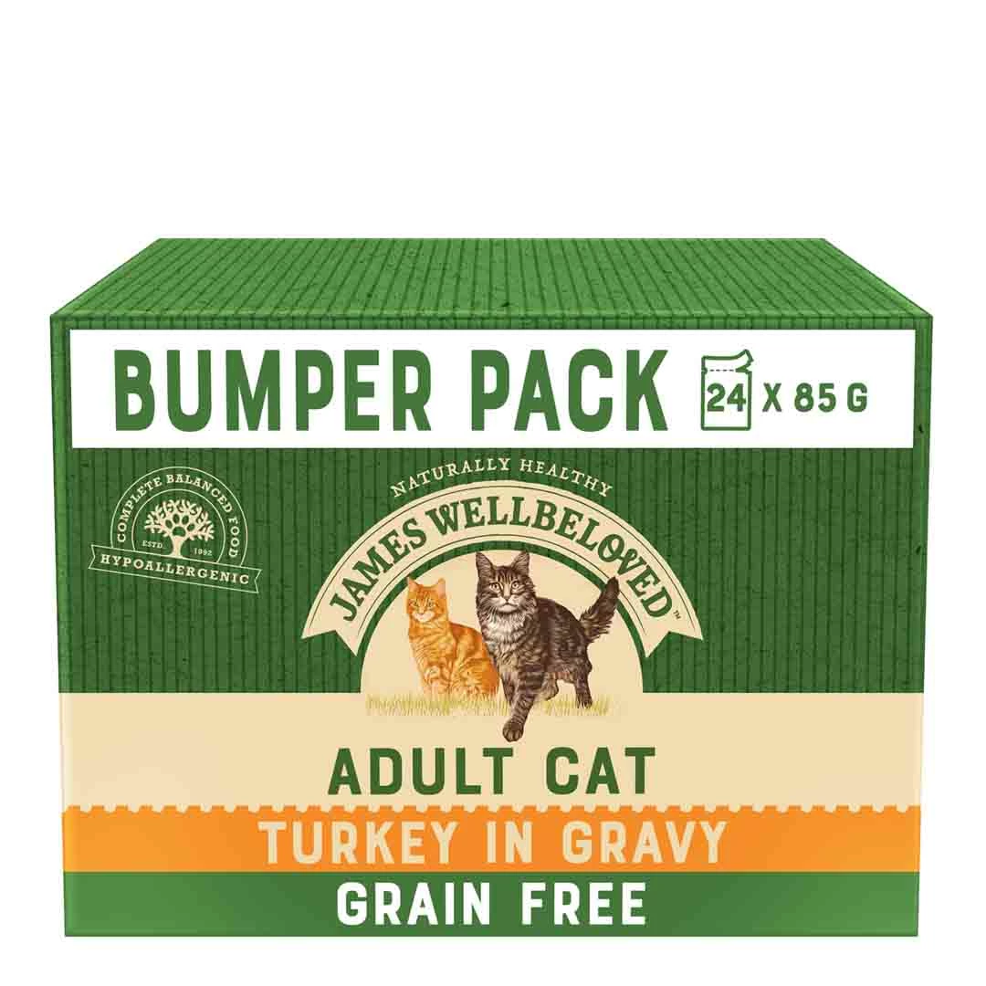 James Wellbeloved Grain Free Adult 1+ Wet Cat Food Pouches With Turkey In Gravy 24 X 85g 1 James Wellbeloved Grain Free Adult 1+ Wet Cat Food Pouches With Turkey In Gravy 24 X 85g