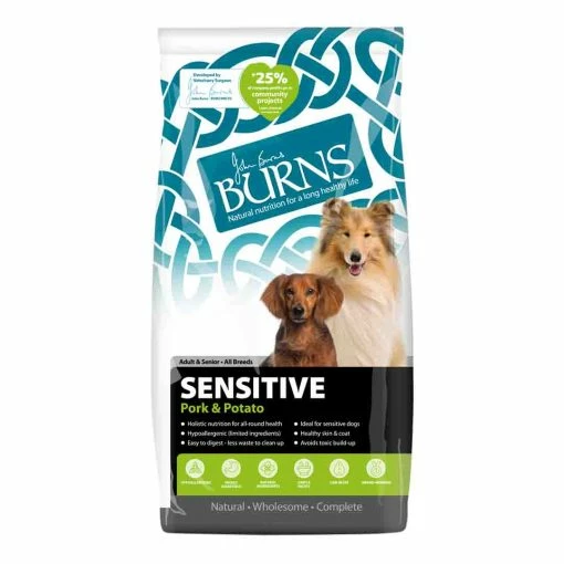Burns Sensitive With Pork 12kg -Dog Food shop john burns all breeds dog sensitive pork patoto front