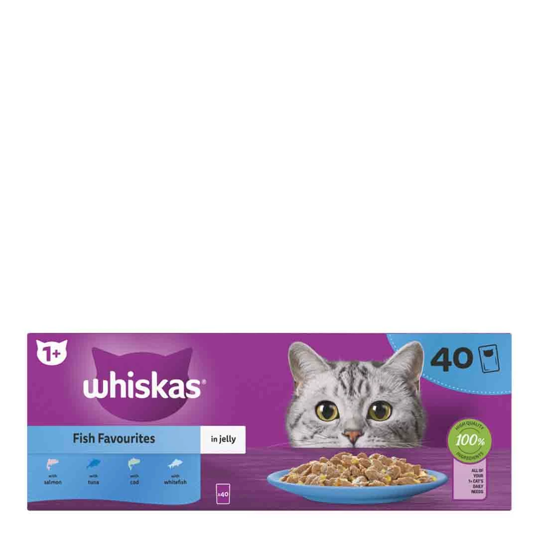 Whiskas Fish Favourites In Jelly 1+ Adult Wet Cat Food Pouches, 40 X 85g 1 Whiskas Fish Favourites In Jelly 1+ Adult Wet Cat Food Pouches, 40 X 85g