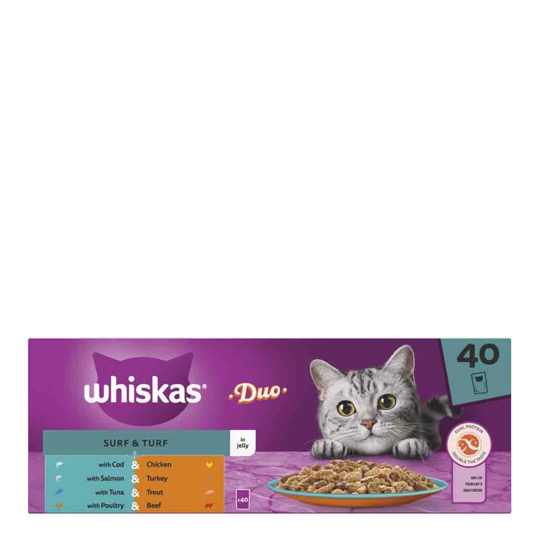 Whiskas Duo Surf & Turf In Jelly 1+ Adult Wet Cat Food Pouches, 40 X 85g 1 Whiskas Duo Surf & Turf In Jelly 1+ Adult Wet Cat Food Pouches, 40 X 85g